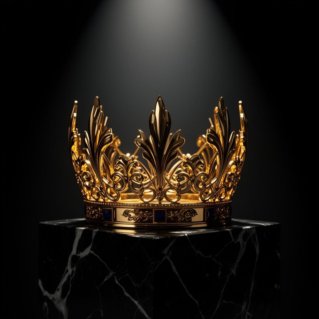 Gold crown on a black marble pedestal under a spotlight
